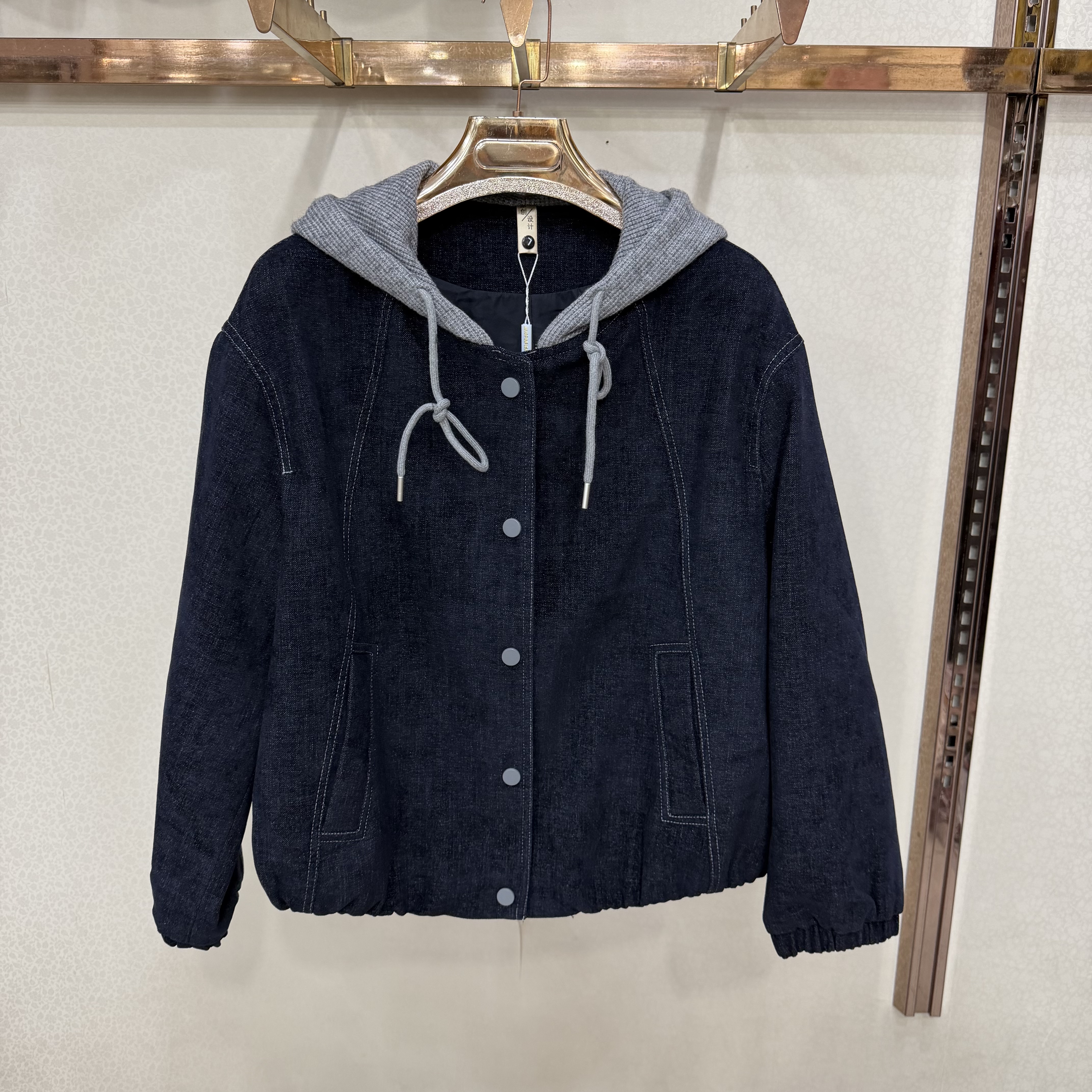 美尚05专柜正品拼接针织连帽牛仔外套女春秋宽松扣休闲夹克上衣潮