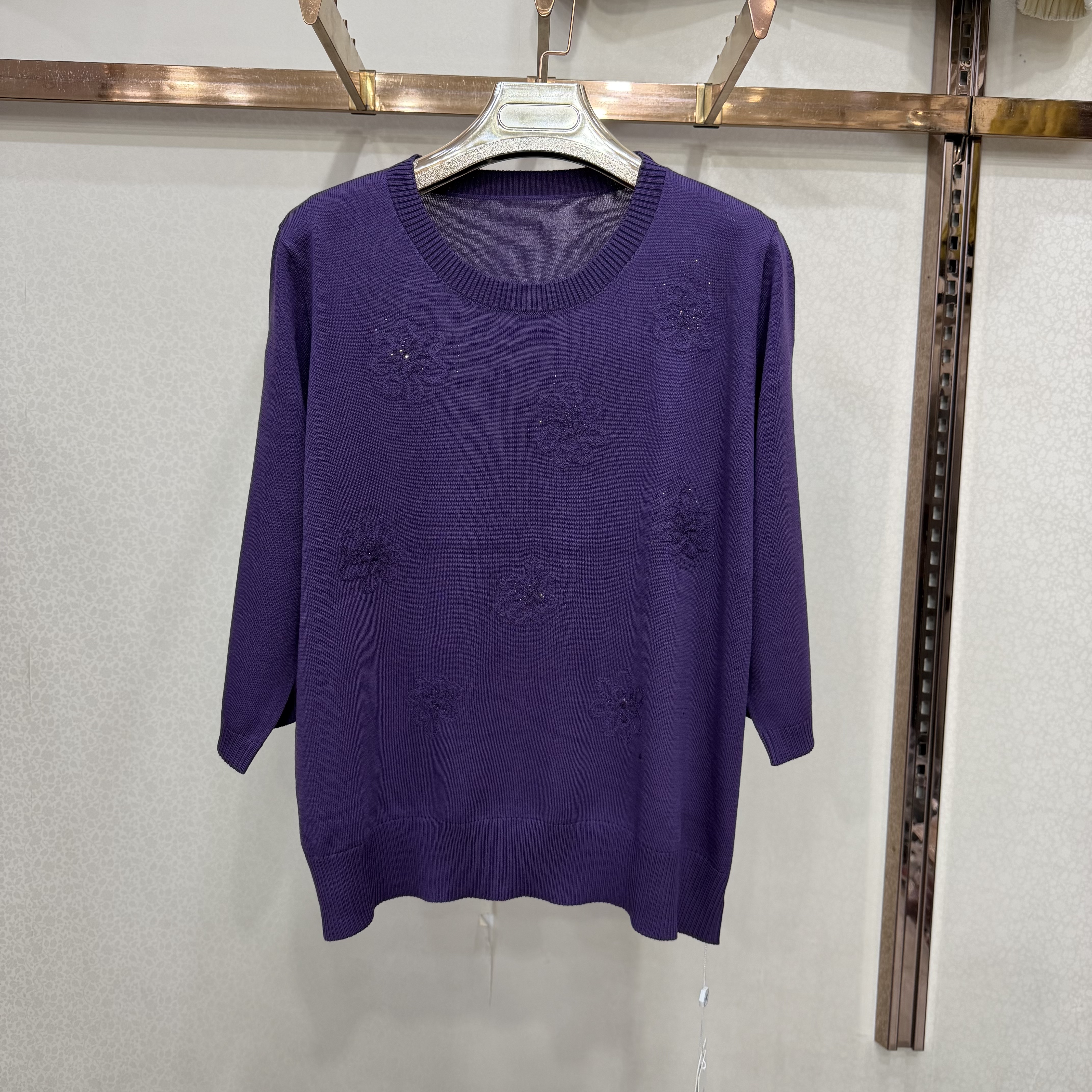 7112妈妈圆领七分袖针织衫女秋季绣花烫钻宽松中老年薄款毛衣上衣