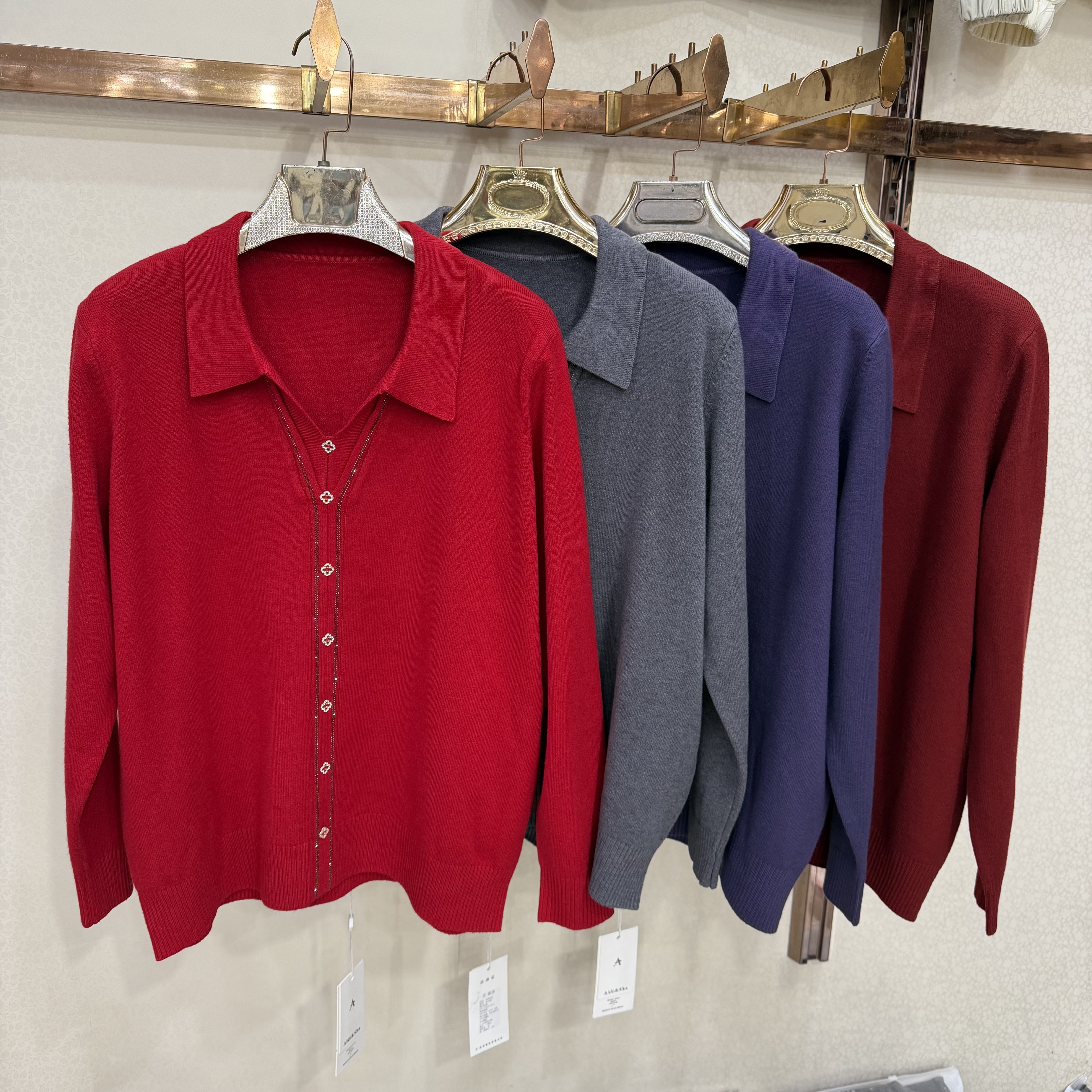 8608 妈妈装Polo领针织衫女秋季烫钻假开扣宽松套头毛衣打底上衣