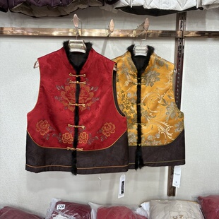 商场同款96090冬新中式复古盘扣提花夹棉水貂毛提花国风马甲女款