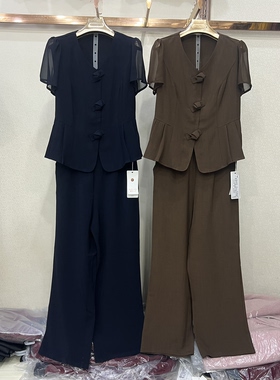 馨夢百合9126专柜正品夏季新款时尚V领短袖上衣直筒裤两件套套装