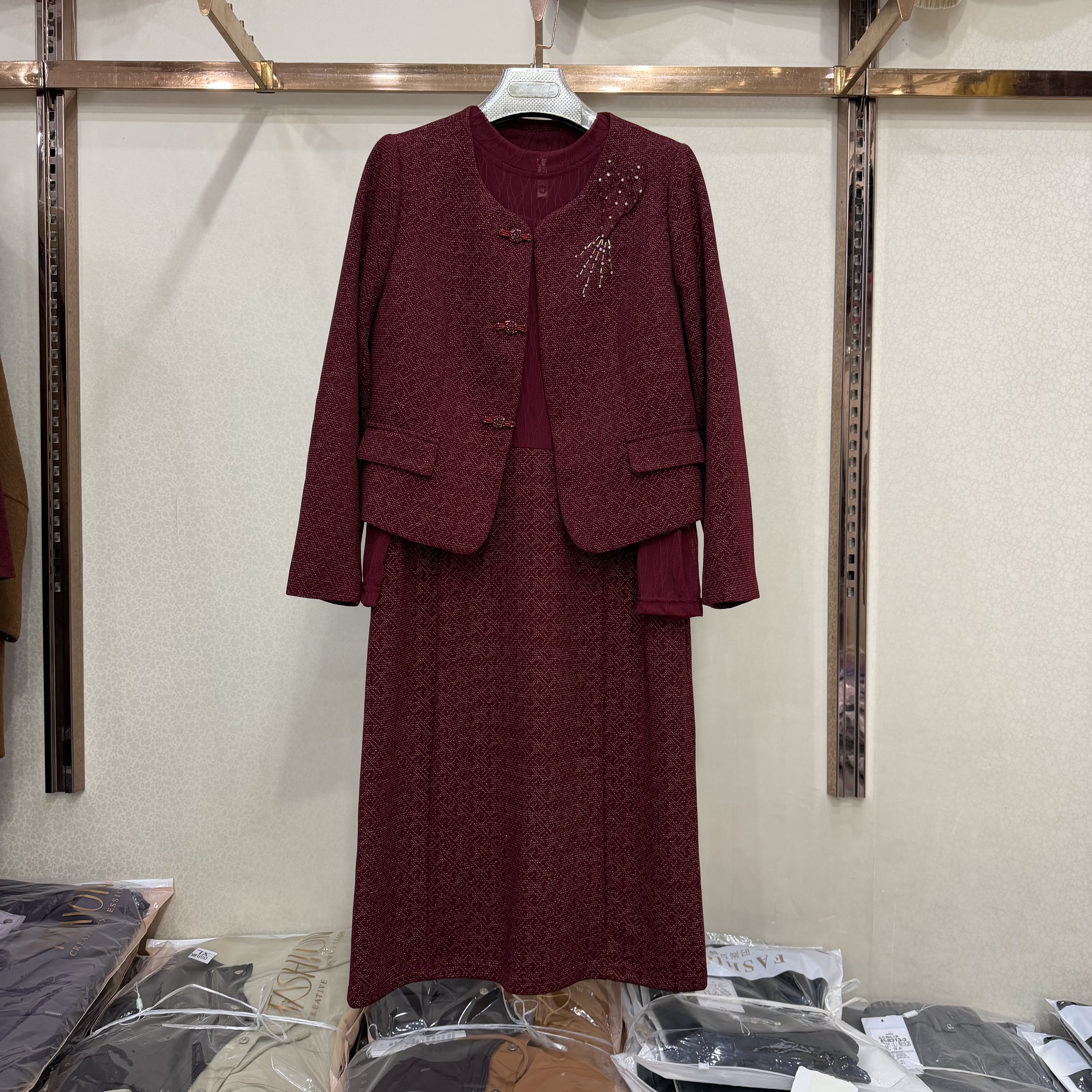 金点26B-606新中式盘扣两件套连衣裙女秋季礼服外套+过膝打底套裙