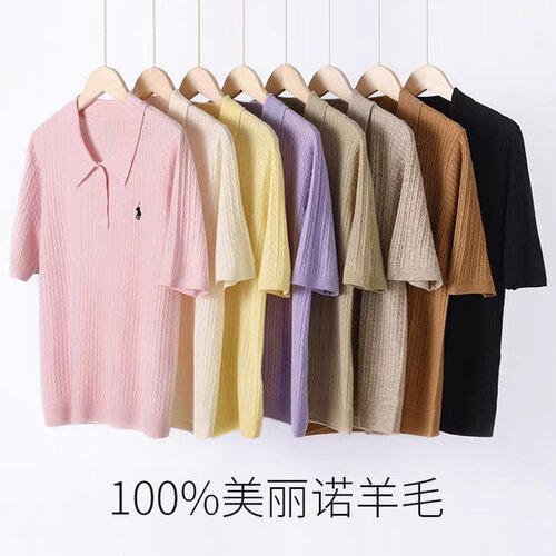 100%美丽诺精纺羊毛短袖针织衫女Polo领绞花纯色显瘦套头T恤夏秋