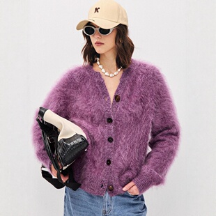 羊绒花纱复古小皮草特殊粗支羊绒羊毛拉毛圆领开衫 小禾同款 重磅