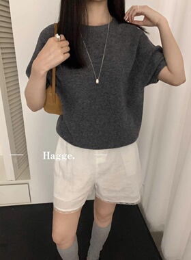 春秋100%纯羊毛短袖女五分袖圆领套头羊毛针织打底衫半袖毛衣女潮