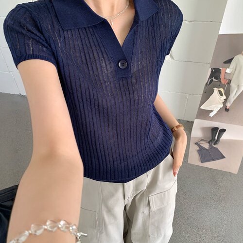 桑蚕丝亚麻短袖半开领坑条针织T恤女2026年夏季新款通勤百搭上衣