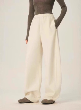 白色内里磨毛羊毛阔腿裤女2025新款冬加厚垂感毛呢弯刀木瓜直筒裤