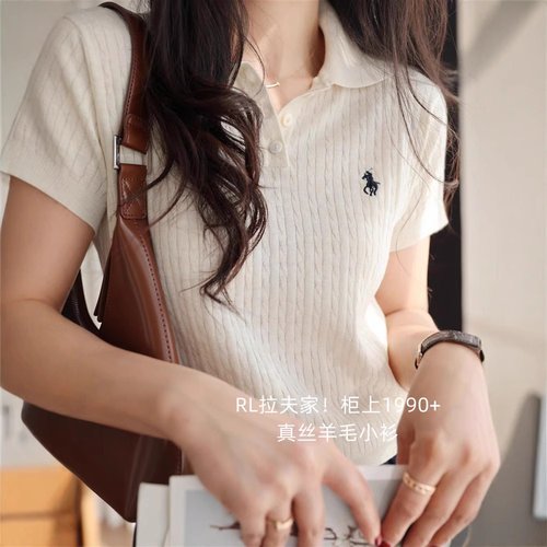 蚕丝羊毛POLO领短袖针织T恤女小马标2025年夏季新款显瘦刺绣上衣