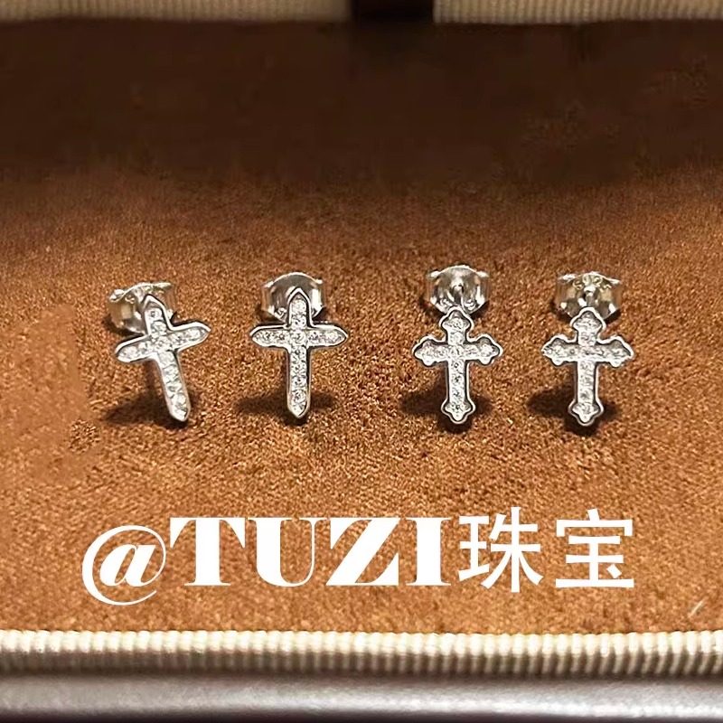 TUZI培育钻石爆闪十字架耳钉女S925纯银时尚潮耳环耳饰男轻奢推荐