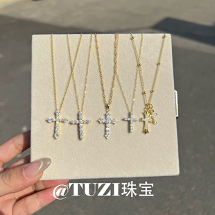 TUZI培育钻石K金十字架项链925纯银小众设计感锁骨链明星同款推荐