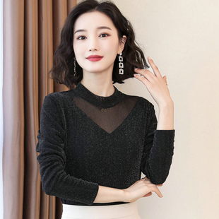 2026春秋新款女装亮丝网纱打底衫女长袖t恤内搭蕾丝衫闪光丝上衣