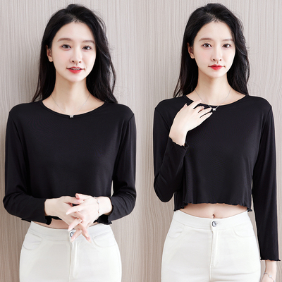 木耳边莫代尔女春秋长袖短款T恤