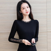 打底衫 t恤女 长袖 女内搭2025春秋新款 莫代尔低领蕾丝黑色上衣薄款