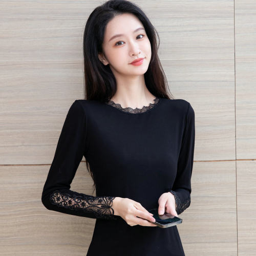 春秋莫代尔蕾丝低领长袖打底衫女