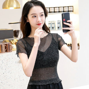 亮丝短袖t恤女装2026款夏木耳透视网纱打底衫闪光丝内搭半袖上衣
