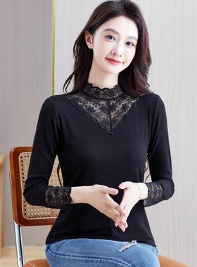蕾丝打底衫女2025春秋装新款莫代尔半高领长袖t恤女内搭上衣小衫