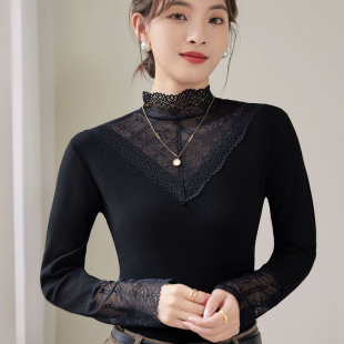 蕾丝打底衫女秋冬装新款莫代尔半高领长袖t恤女内搭上衣保暖小衫