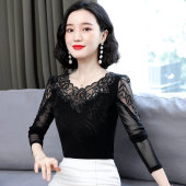 亮丝内搭蕾丝上衣洋气小衫 低领网纱打底衫 新款 2026春装 潮 女长袖