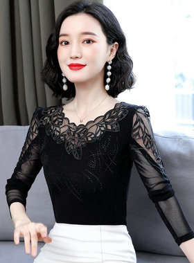 低领网纱打底衫女长袖2025秋装新款亮丝内搭蕾丝上衣洋气小衫潮