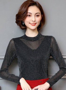 春秋打底衫女长袖半高领内搭小衫网纱上衣修身女装亮丝T恤蕾丝衫