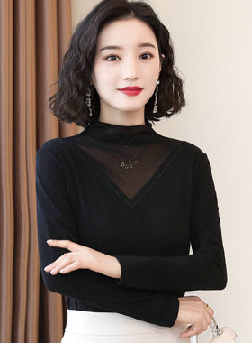 蕾丝高领网纱长袖打底衫女黑色