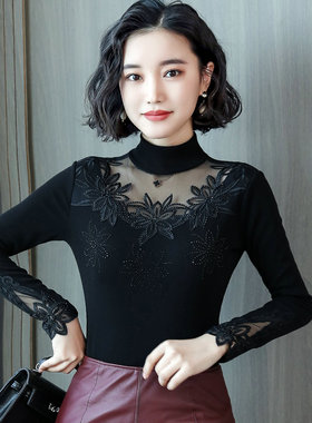 半高领蕾丝网纱打底衫2025新款秋季黑色长袖黑色上衣女洋气小衫潮