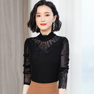 女长袖 修身 亮丝高领打底衫 黑色内搭韩版 潮 蕾丝网纱衣2025秋装 新款