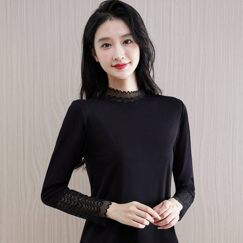 春秋女装蕾丝拼接立领长袖打底衫