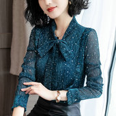 小衫 蕾丝打底衫 洋气雪纺上衣修身 秋冬蝴蝶结木耳边新款 女长袖