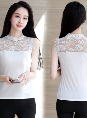 白色内搭吊带莫代尔背心女秋季新款半高领修身短款蕾丝无袖打底衫