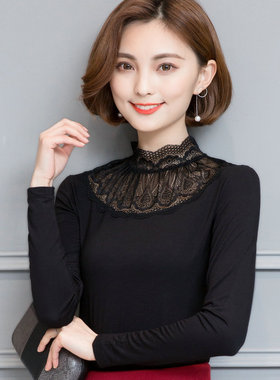 百搭秋衣女修身立领莫代尔上衣长袖半高领打底衫春秋黑色蕾丝小衫