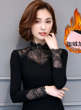 秋冬新款修身蕾丝上衣百搭半高领莫代尔长袖加绒加厚保暖打底衫女