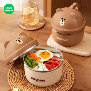 LINE FRIENDS布朗熊泡面碗带盖不锈钢碗汤饭碗家用宿舍餐具拉面碗