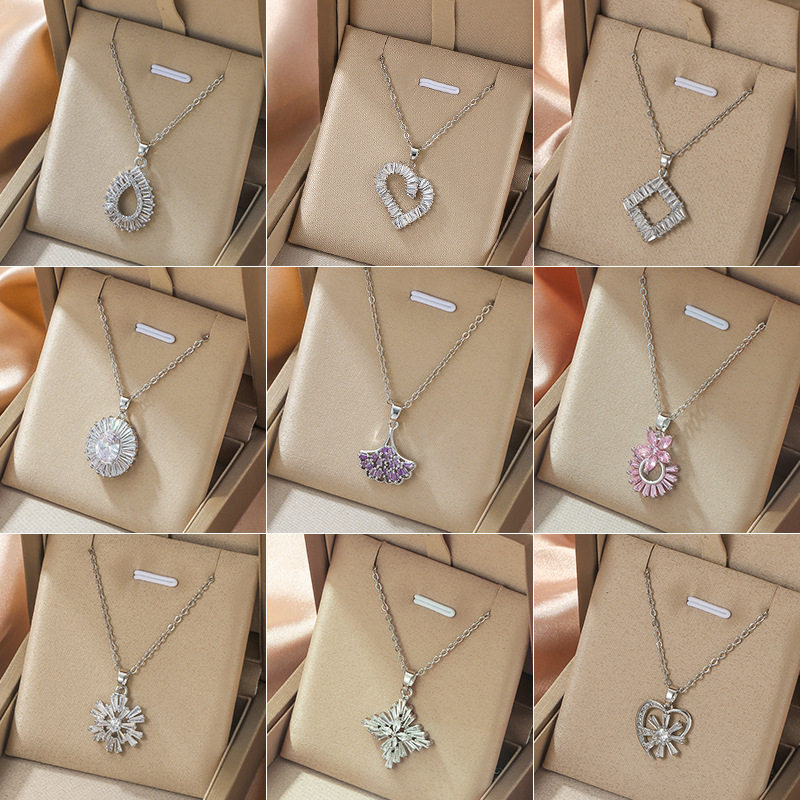 跨境【钛钢链】韩版铜镶锆电镀18K真金或白金几何爱心项链女热销