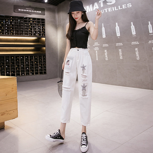 RM15556#女哈伦裤性感个性破洞贴花牛仔长裤修身显瘦学院风