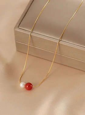 925纯银南红贝珠项链18K色新中式几何串珠锁骨链夏季简约网红吊坠