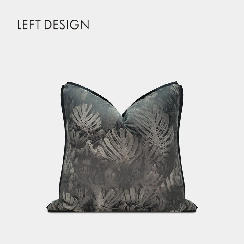 【现】左向黑白丝光抽象森系叶枕新中式样板间轻奢抱枕沙发靠垫套