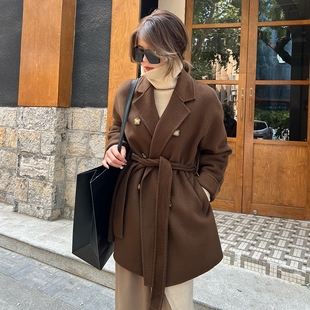 801短款一手长10羊绒大衣小个子必入显瘦双排扣西装领毛呢外套