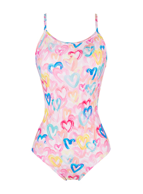 速浪|彩虹心|无胸垫|新款双层竞速泳衣女款游泳衣连体可爱高级