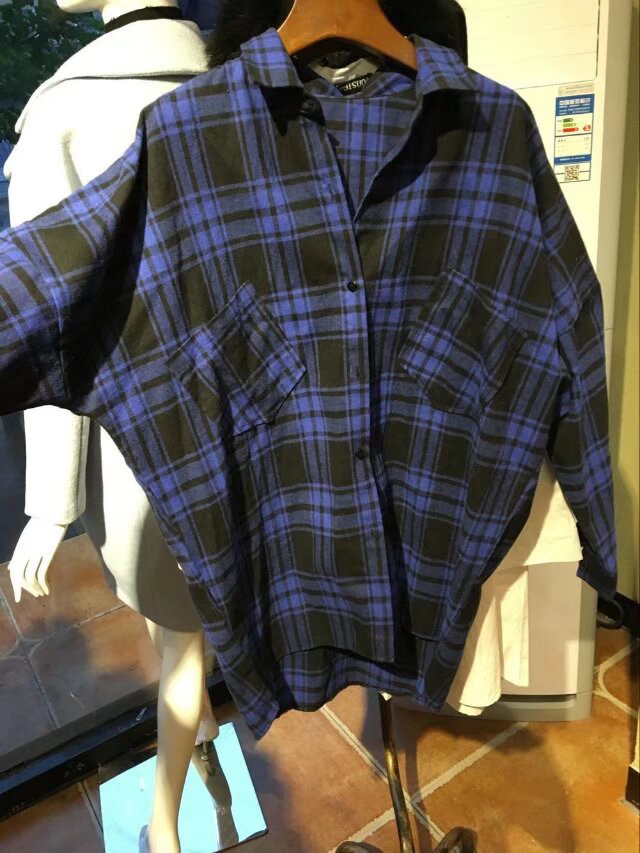 蝙蝠袖磨毛衬衫小个子女内搭复古宽松格纹长袖衬衣外套学院风ins