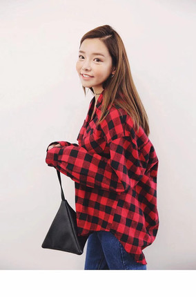 格子衬衫女stylenanda复古黑红格长袖衬衣女BF宽松oversize大码