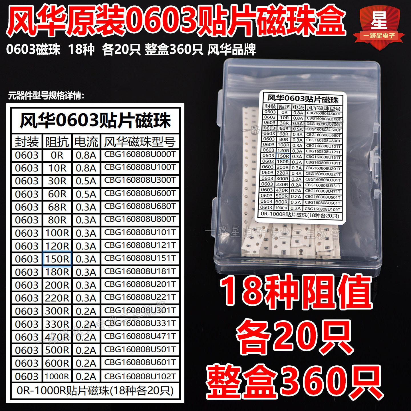 贴片磁珠包0603 0805 1206风华电感包 套装盒0R-1000R 常用各20个图片