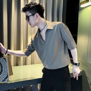 男士 高级感V领POLO衫 T恤2025新款 男夏季 休闲上衣 潮牌痞帅冰丝短袖