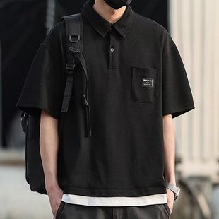 2025夏季 男士 日系复古假两件POLO衫 新款 T恤 大码 休闲宽松翻领短袖