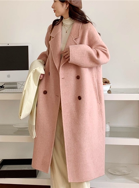 粉色双面毛呢大衣女中长款2025年新款秋冬高端韩版双面毛呢外套