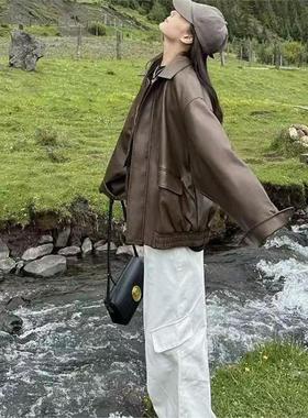 棕色复古皮衣外套女2025秋冬新款高级设计感今年流行机车夹克上衣