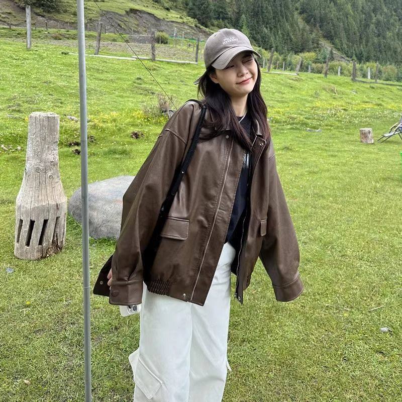 皮衣外套女2025早秋冬新款爆款女棕色美式港式复古高级感机车,女装/女士精品,皮衣,淘宝优惠券,粉丝福利购,淘宝优惠卷