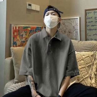 潮男百搭打底衫 重磅纯棉潮牌夏季 T恤翻领正肩印花POLO衫 男款 短袖