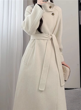赫本风秋冬新款燕麦色立领双面呢大衣女中长款气质修身毛呢外套