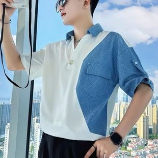 潮流时尚 半袖 牛仔拼接上衣男款 痞帅男士 夏季 穿搭男装 POLO衬衫 短袖